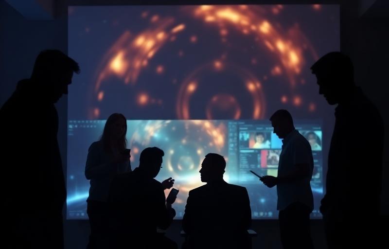 Silhouettes of professionals around a digital projection